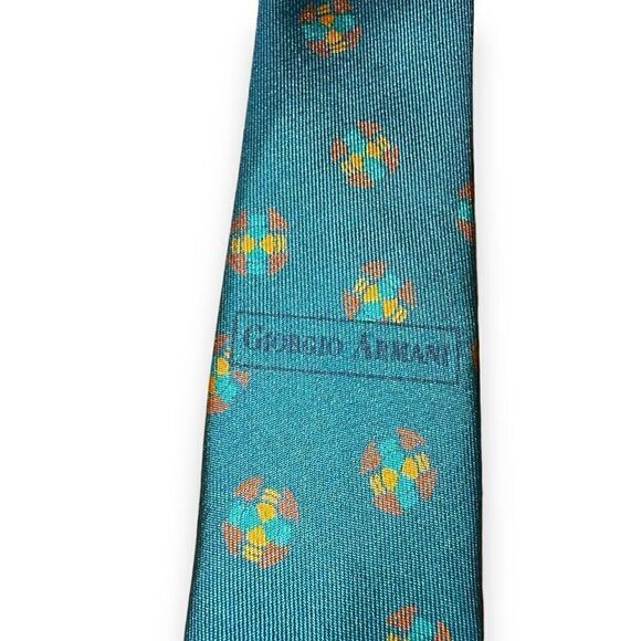 80s Giorgio Armani Teal Medallion Handmade in Italy 100% Silk Neck Tie - Picture 5 of 6